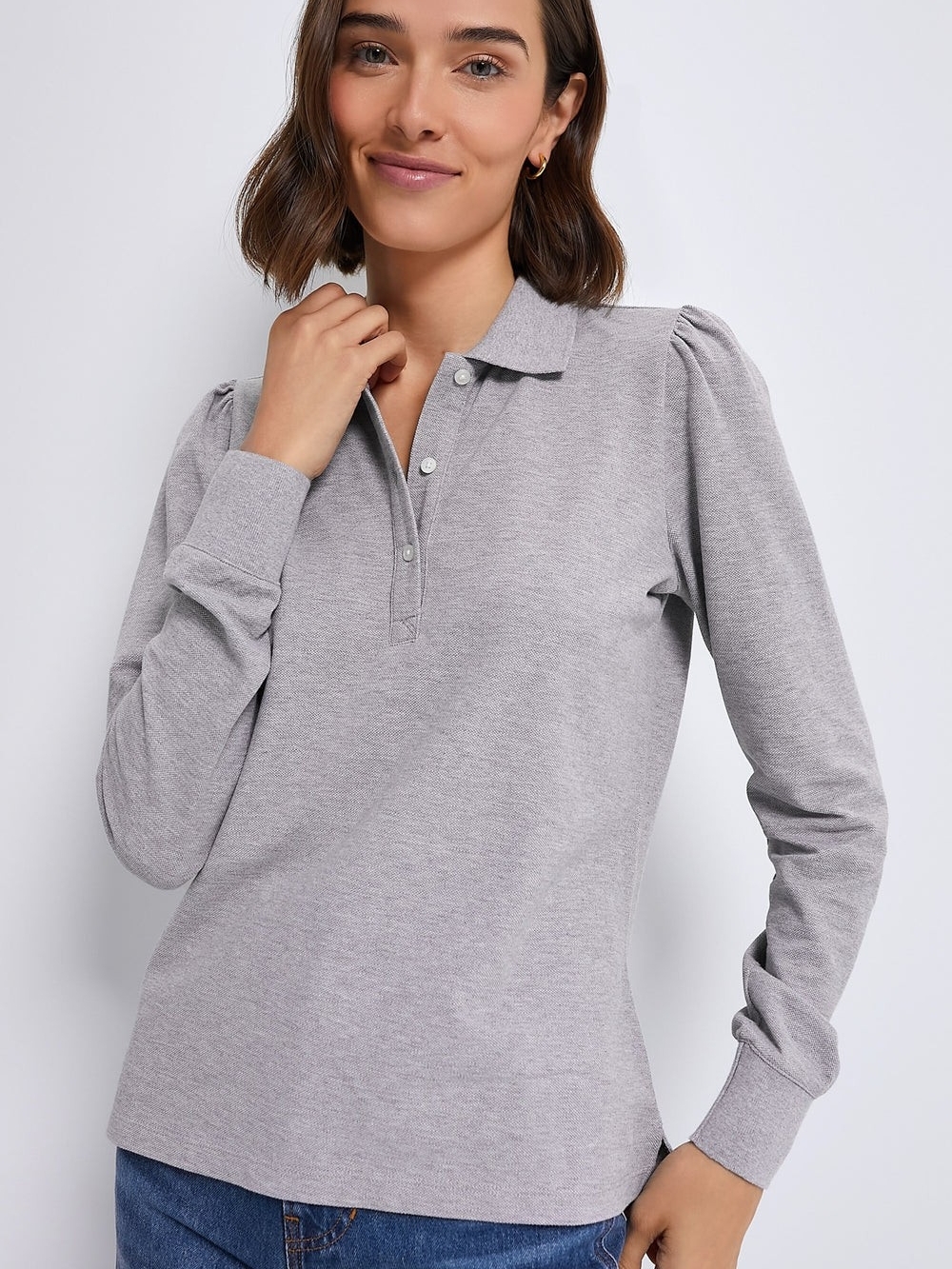 Tuckernuck Gray Long Sleeve Pique Puff Sleeve Peggy Polo Small